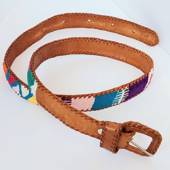 Vintage Women's Handmade Woven Edge Leather & Kilim Blanket Belt - marked Sz 36 - Picture 2 of 11